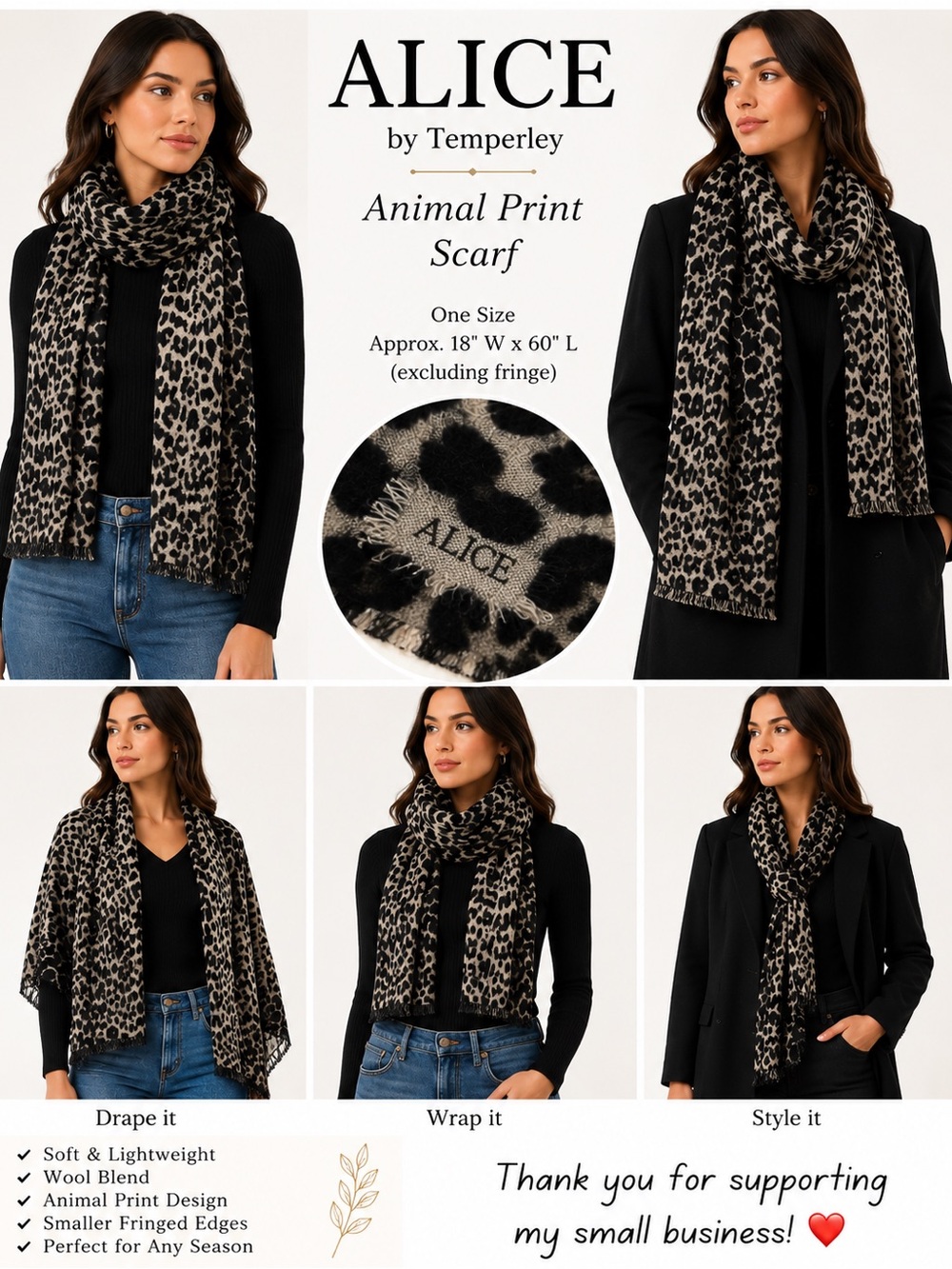 Alice by Temperley Leopard Animal Print Wool Blend Fringe Scarf 18x60 One Size